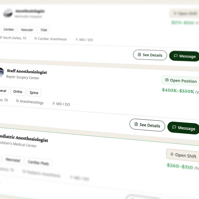 Job listings for anesthesiologist positions showing roles, locations, specializations, and salary ranges.