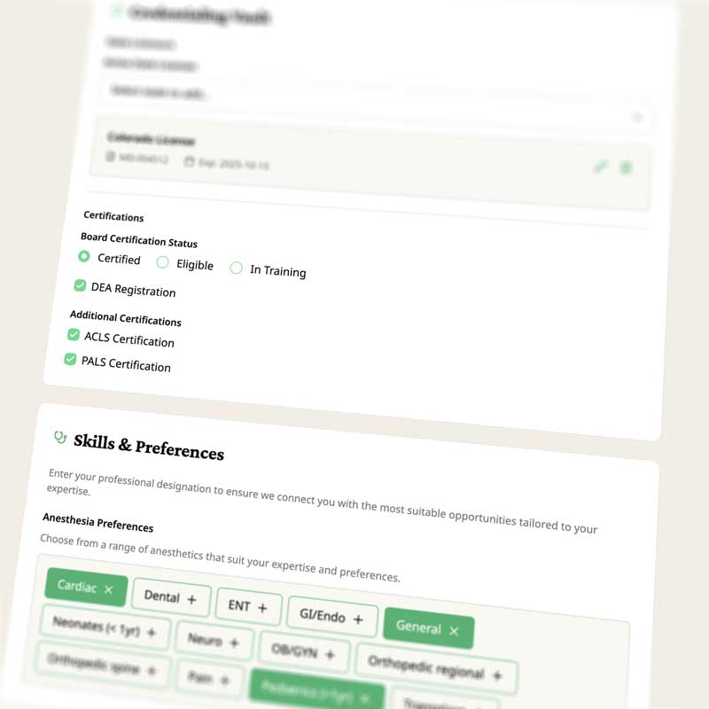 Certification and skills preferences section showing board certification as certified, DEA, ACLS, and PALS registrations, with anesthesia preferences including cardiac and general selected.