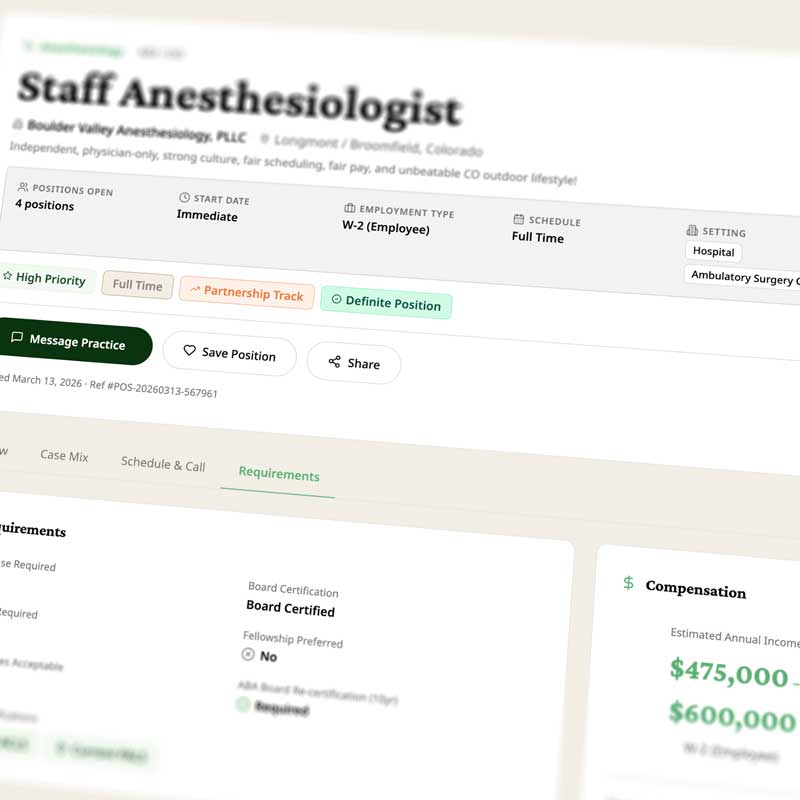 Job listing for Staff Anesthesiologist at Boulder Valley Anesthesiology with details on positions open, employment type, schedule, location, and compensation ranging from $475,000 to $600,000 annually.
