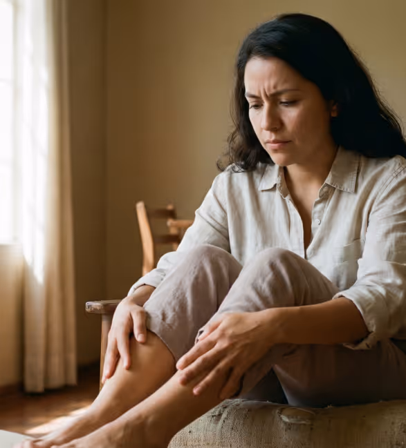 Woman sitting indoors on a chair, looking concerned and holding her leg as if feeling pain.