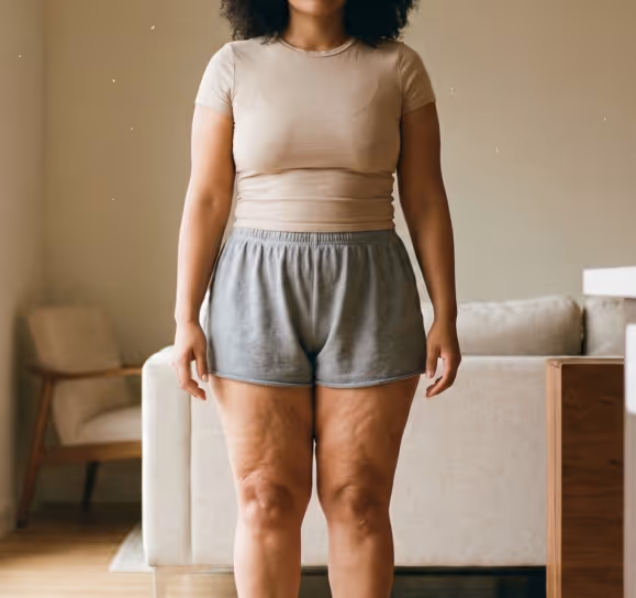 Woman in beige t-shirt and gray shorts standing indoors, showing cellulite on her thighs.