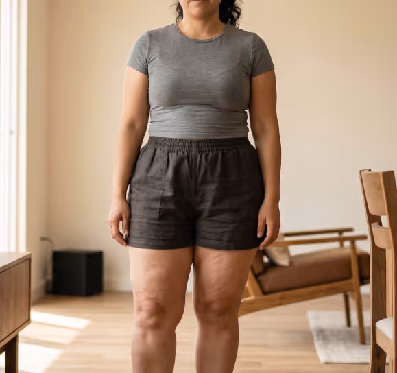 Person wearing a gray fitted T-shirt and black elastic waist shorts standing indoors in a living room setting.