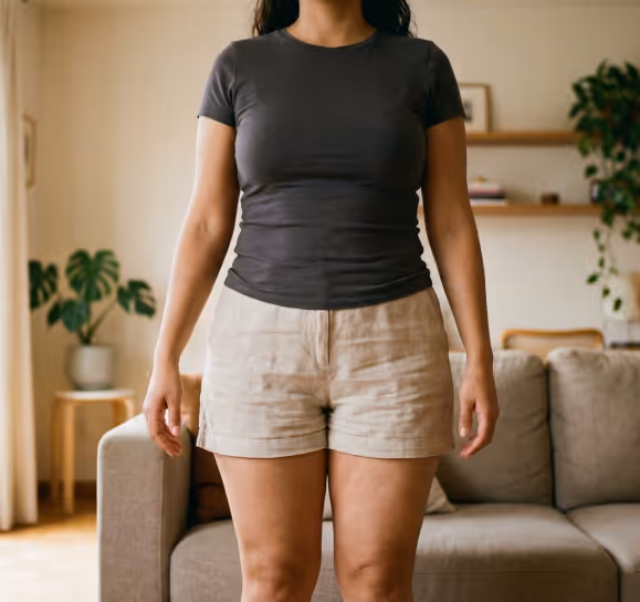 Woman standing indoors wearing a dark gray t-shirt and beige shorts with a living room background.