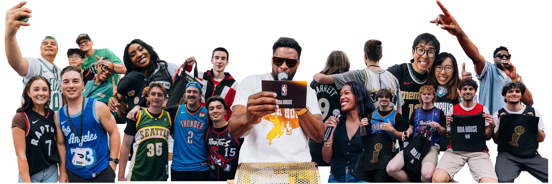 Group of diverse basketball fans and hosts wearing NBA jerseys and holding microphones, a basketball, and NBA House merchandise, posing enthusiastically.