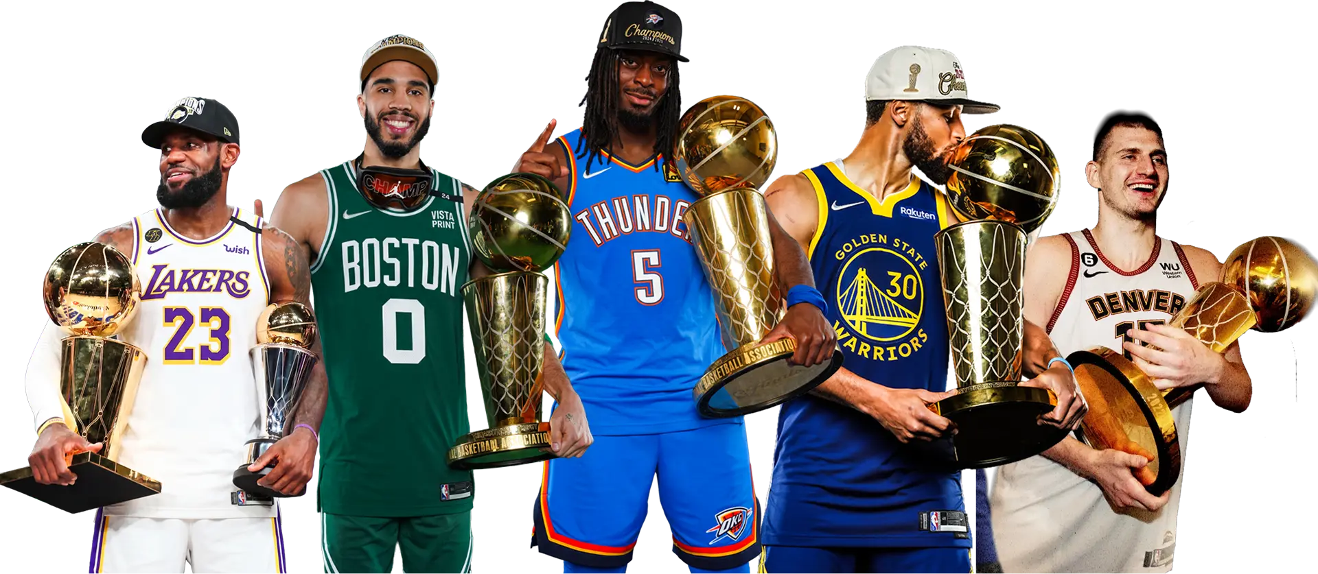LeBron James, Jayson Tatum, Lu Dort, Stephen Curry, and Nikola Jokic holding the Larry O'Brien trophy.