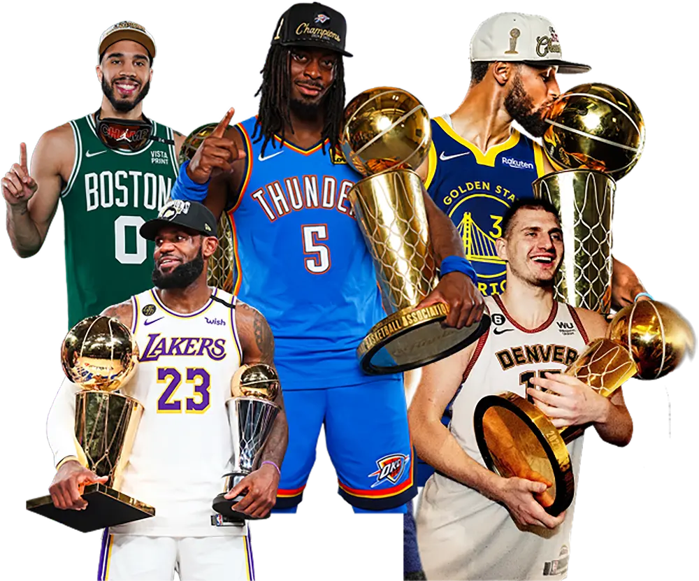 NBA players LeBron James, Jayson Tatum, Josh Giddey, Stephen Curry, and Nikola Jokić each holding or kissing their NBA championship trophies.