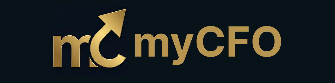 myCFO logo with stylized gold letters 'mC' including an upward arrow integrated in the 'C', next to the text 'myCFO' in gold on a dark background.