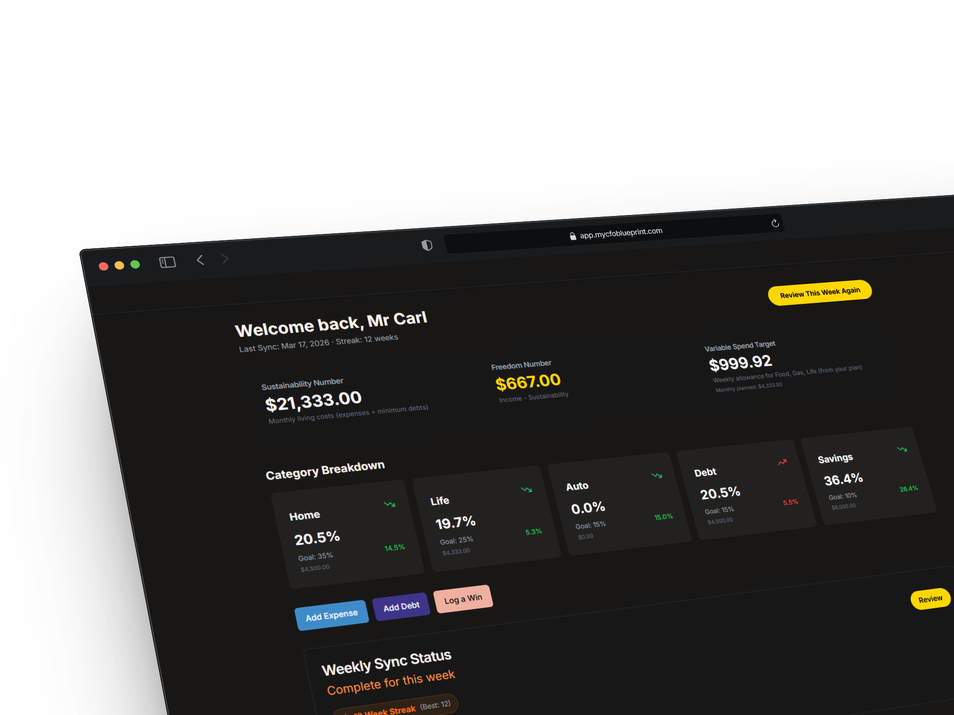 Personal finance dashboard showing sustainability number $21,333, freedom number $667, variable spend target $999.92, and category breakdown with home, life, auto, debt, and savings percentages.