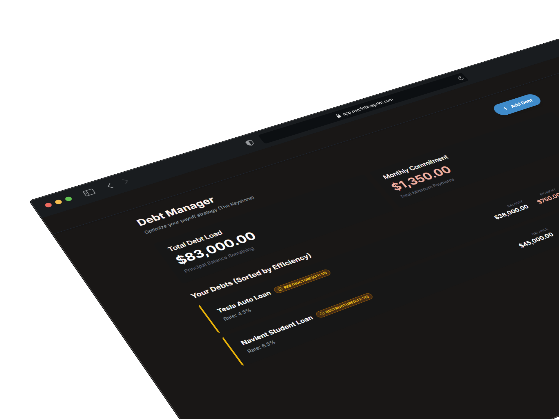 Debt Manager dashboard showing total debt load of $83,000, monthly commitment of $1,350, and debts for Tesla Auto Loan at 4.5% and Navient Student Loan at 6.5%.