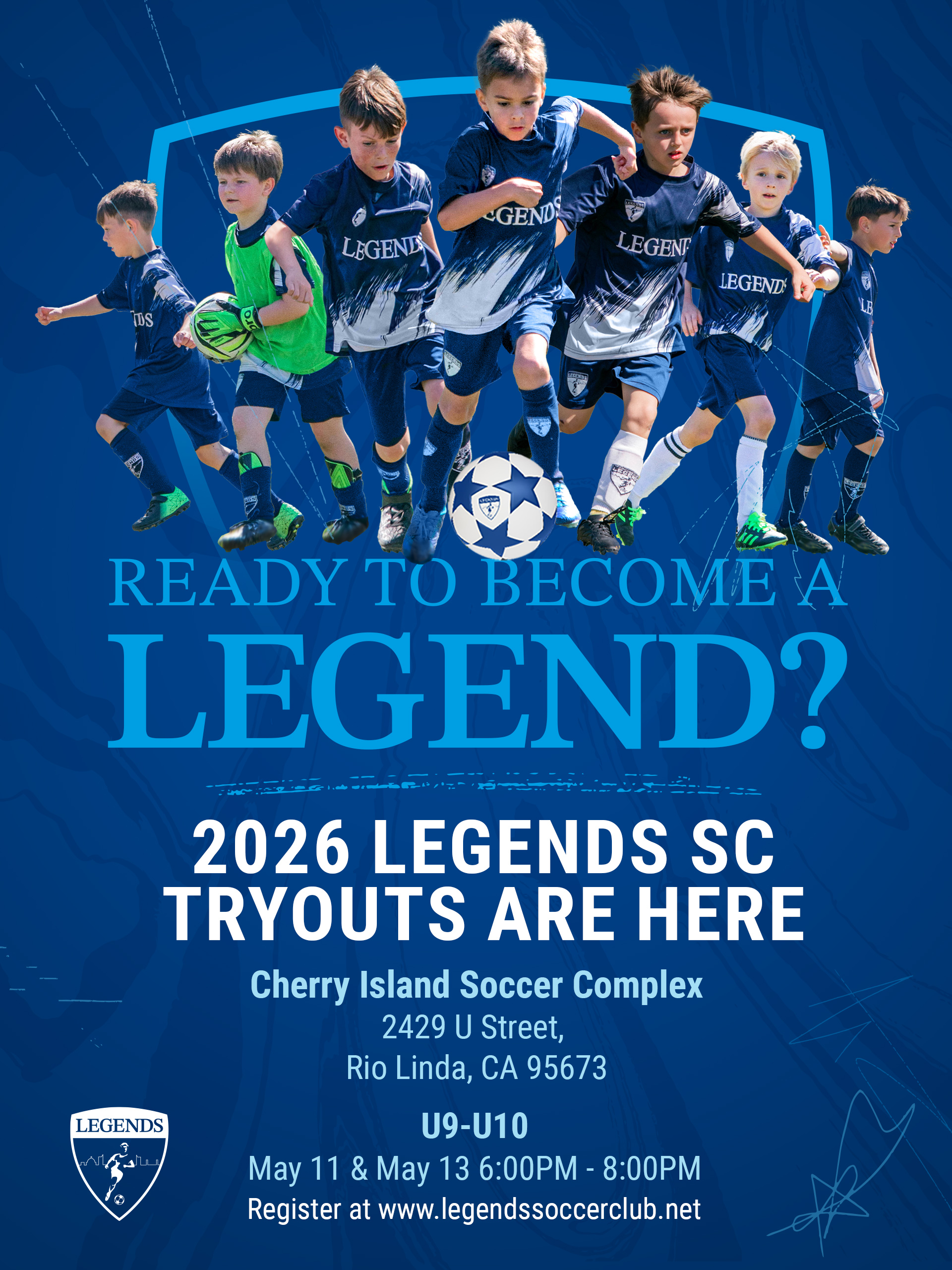 Young boys in Legends SC soccer uniforms running with a ball, advertising 2026 tryouts.