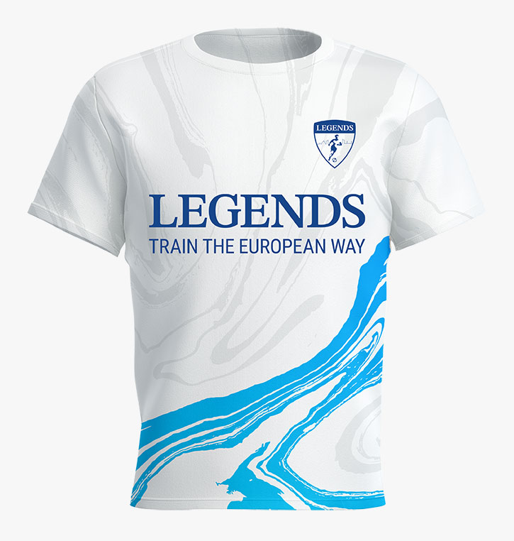 White t-shirt with blue abstract swirls and text 'LEGENDS TRAIN THE EUROPEAN WAY' and a small logo.