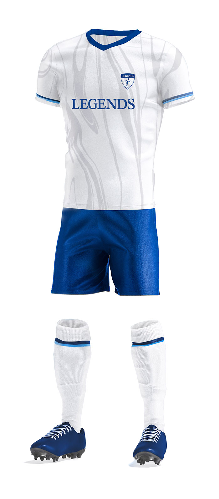 White soccer uniform with blue collar, blue shorts, and white socks with blue stripe, blue cleats.