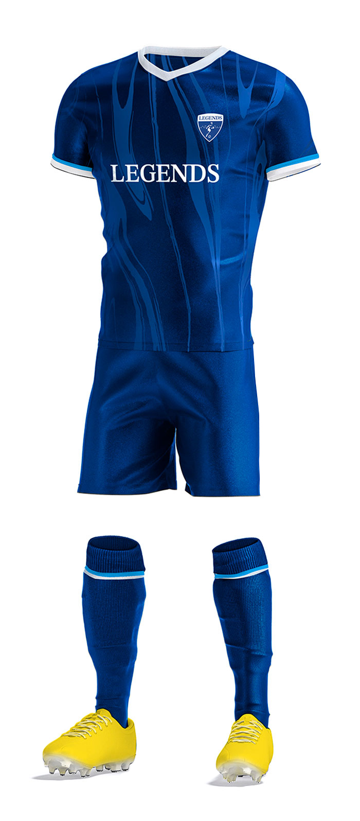 Blue soccer uniform with white details, LEGENDS logo on the chest, and yellow cleats with blue socks.