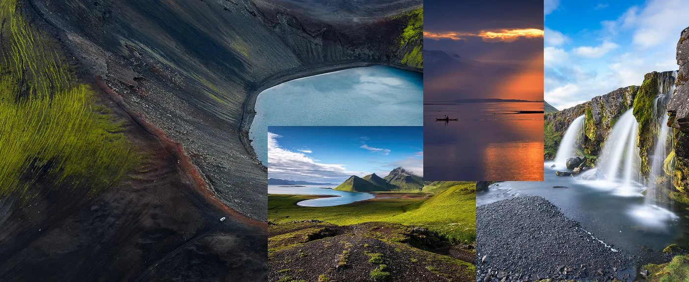 Collage of Icelandic volcanic slopes, crater lakes, fjords, waterfalls and sunsets, showcasing diverse nature tourism and fragile ecosystems