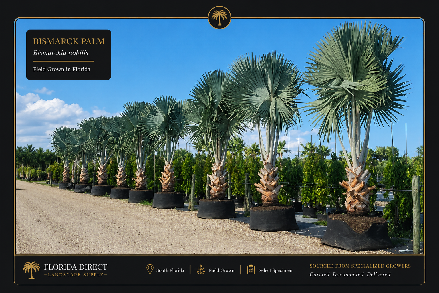 Row of specimen Bismarck Palms field-grown in Florida, sourced from Florida Direct's grower network