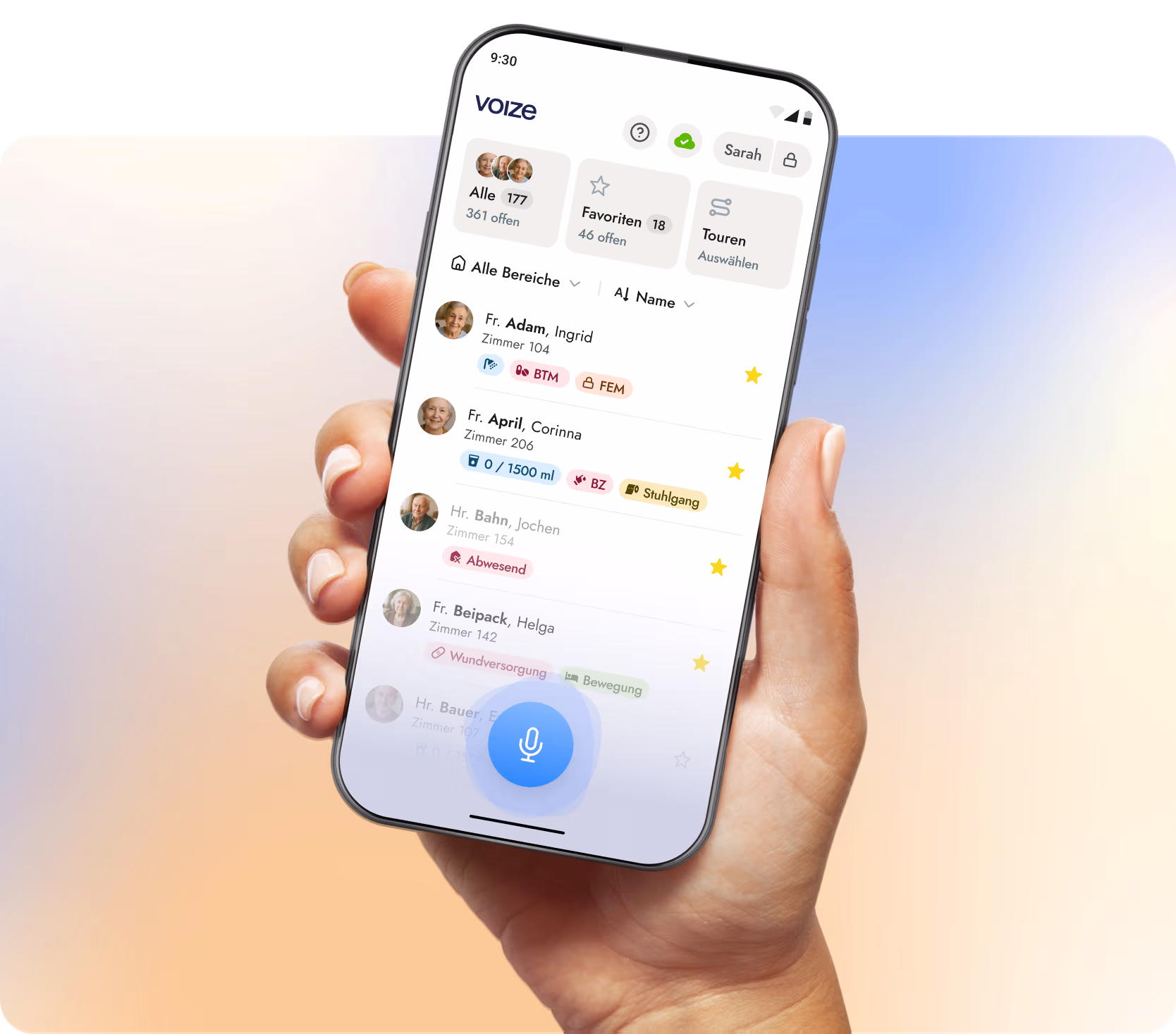 voize-Screenshot eines Aufnahmegesprächs mit Kategorien wie Kognitives, Mobilität und Sozialer Bezug.