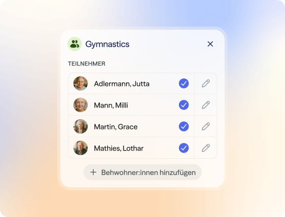 voize screenshot of group activity "Gymnastics" with a participants list and add button.