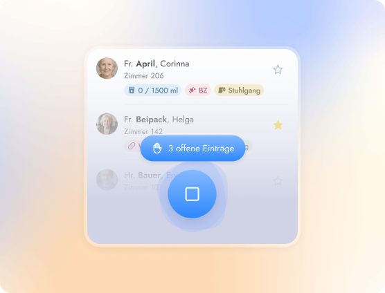 voize-Screenshot mit Bewohnerkarten und Aktionsknopf „3 offene Einträge" – Freihandmodus für sprachgesteuerte Doku.