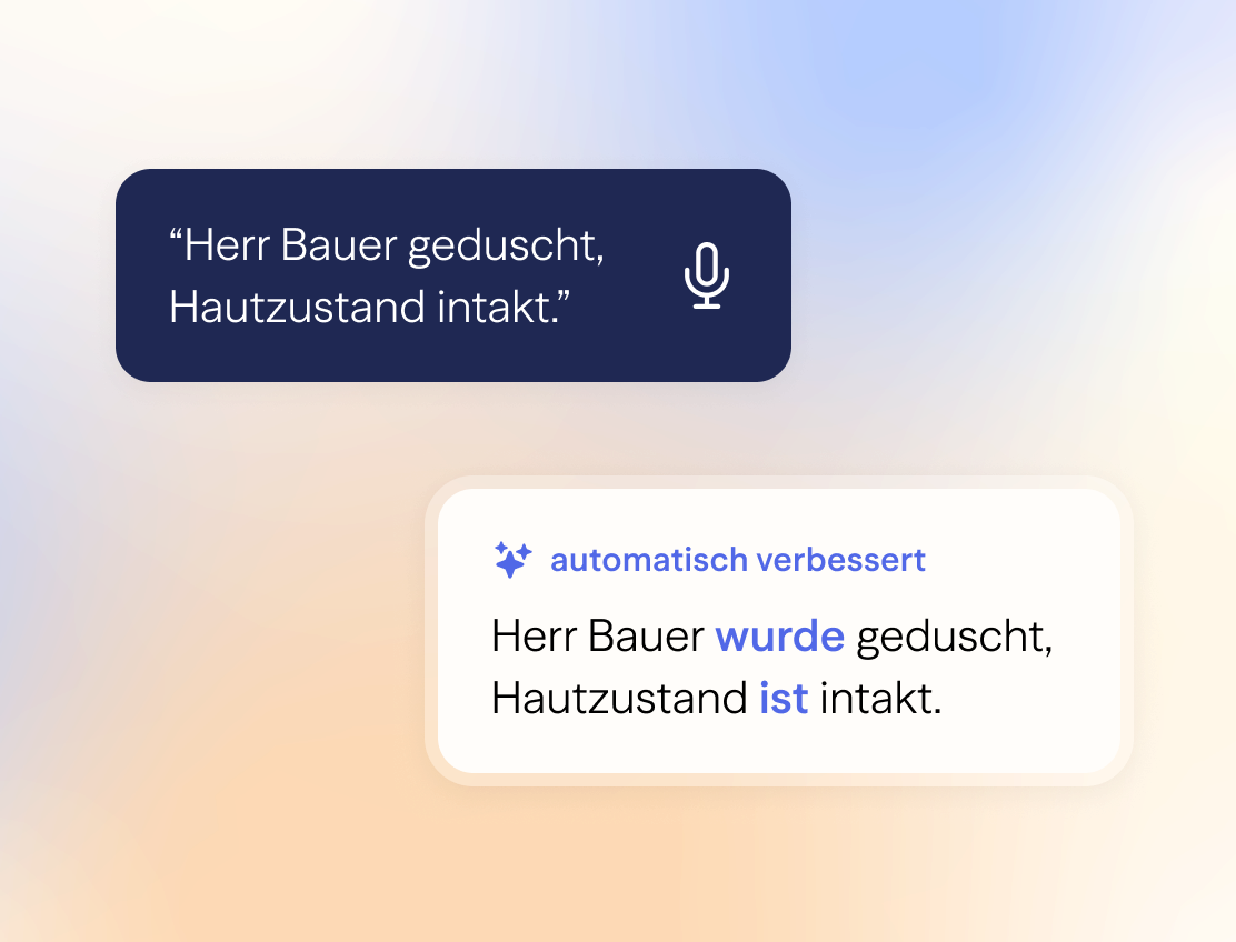 voize-Screenshot: Sprachnotiz wird automatisch in einen formal korrekten Eintrag umgewandelt – Formatierungshilfe.