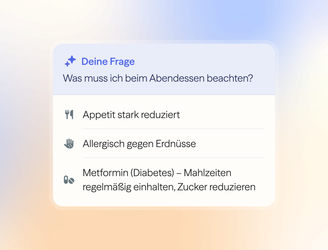 voize-Screenshot: KI-Auskunft beantwortet die Frage „Was muss ich beim Abendessen beachten?" mit drei Hinweisen.