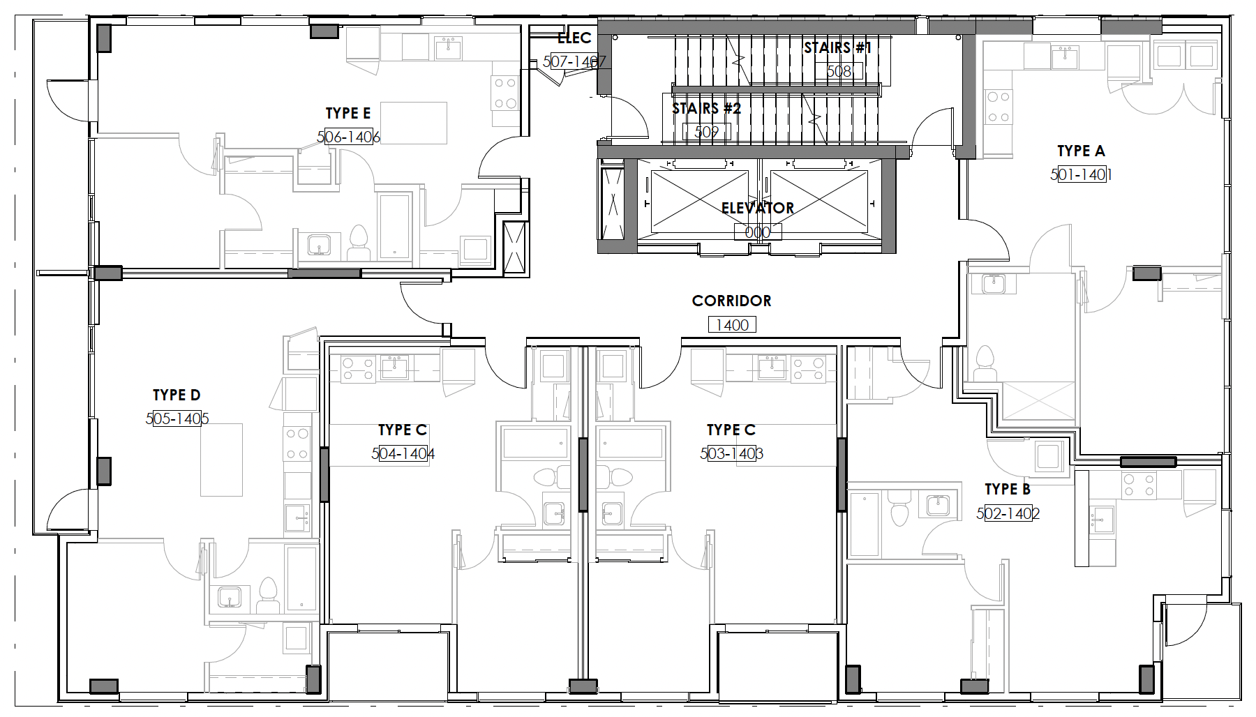 Architectural floor plan showing layout of six apartment types (A, B, C, D, E) surrounding a corridor, with stairs, elevator, and electrical room.