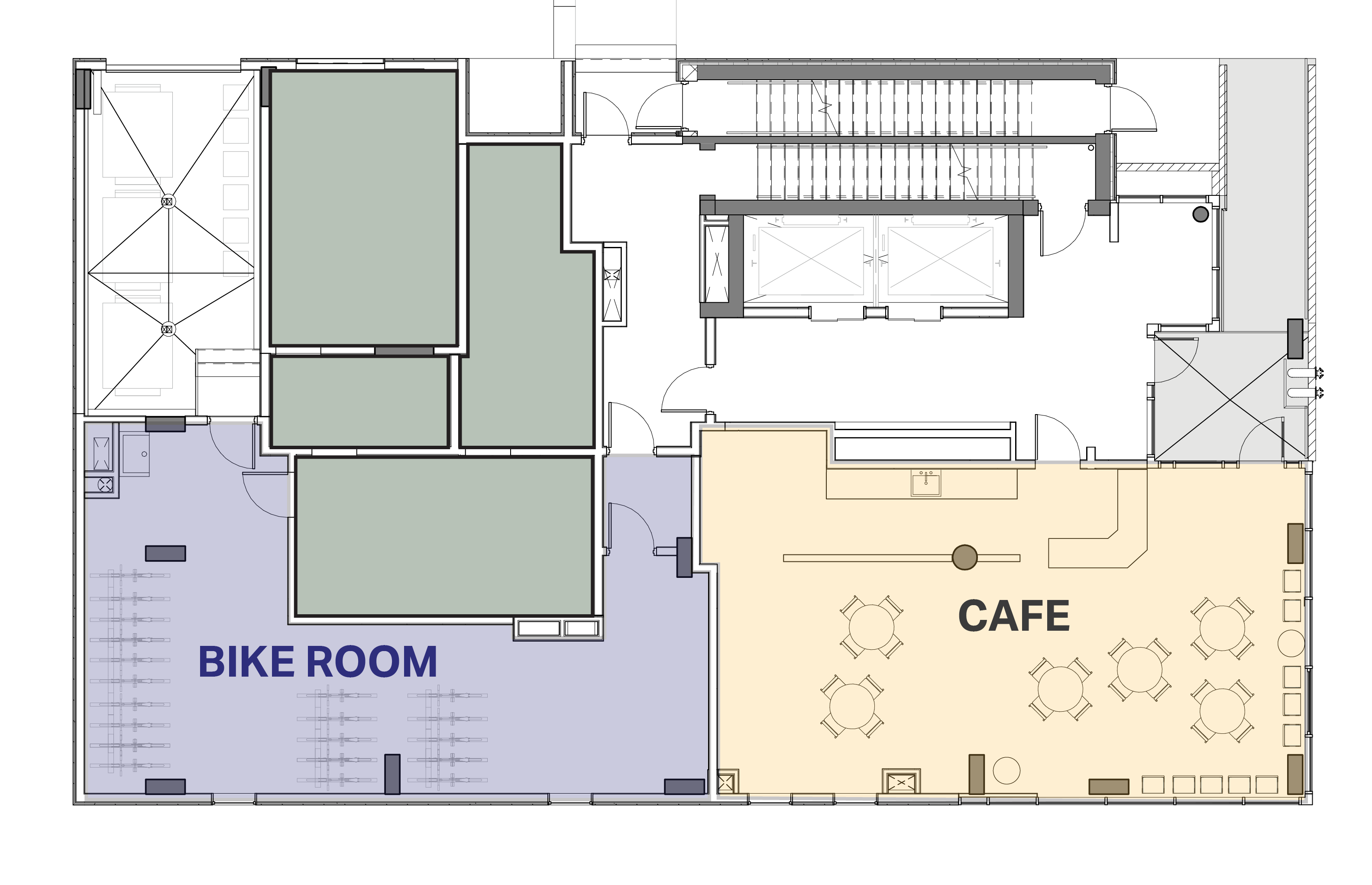 Floor plan showing a bike room in blue on the left and a cafe in yellow on the right with tables and seating arrangements.