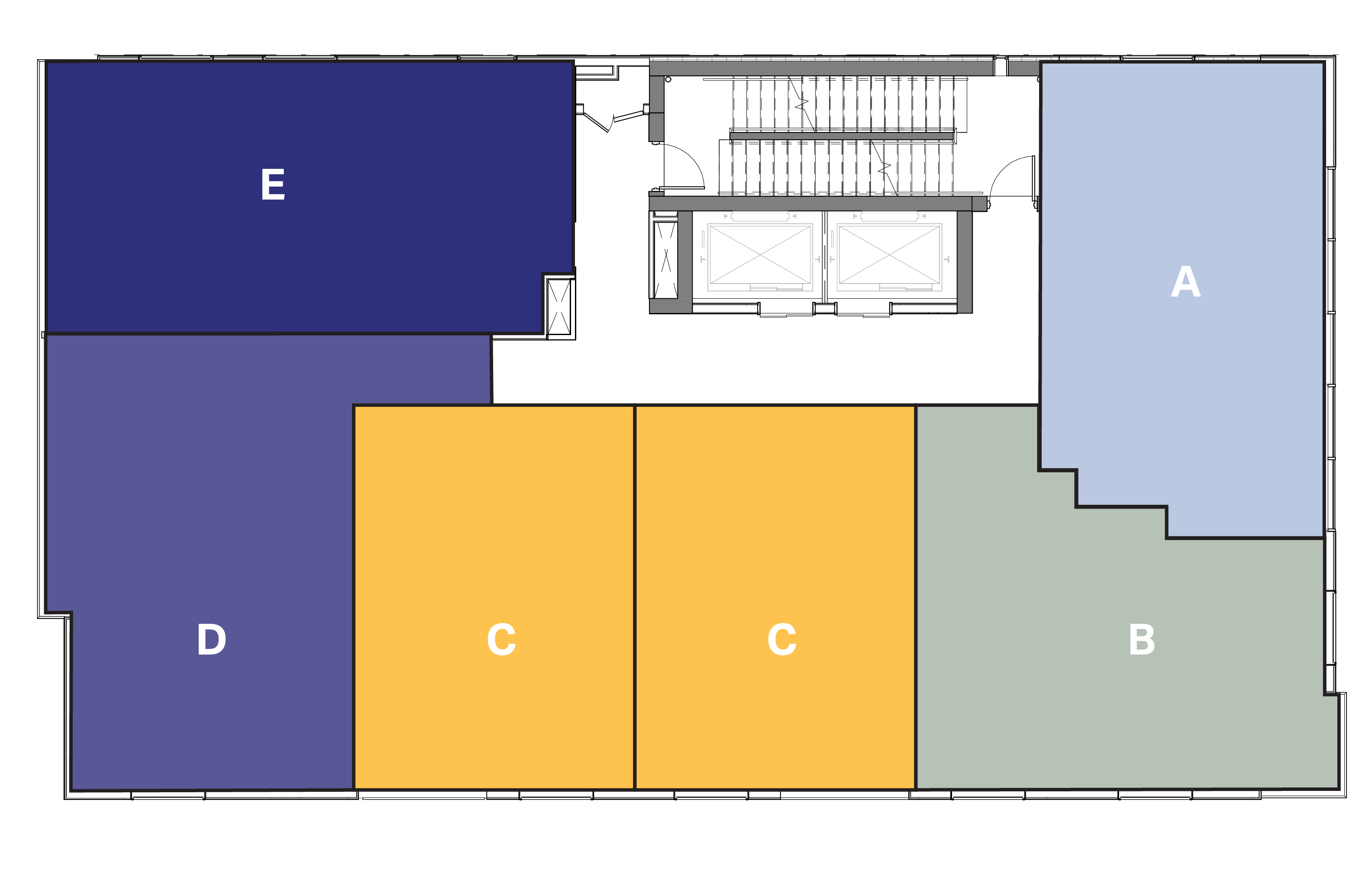 Floor plan layout with labeled sections A through E in distinct colors and two elevator shafts in the center.