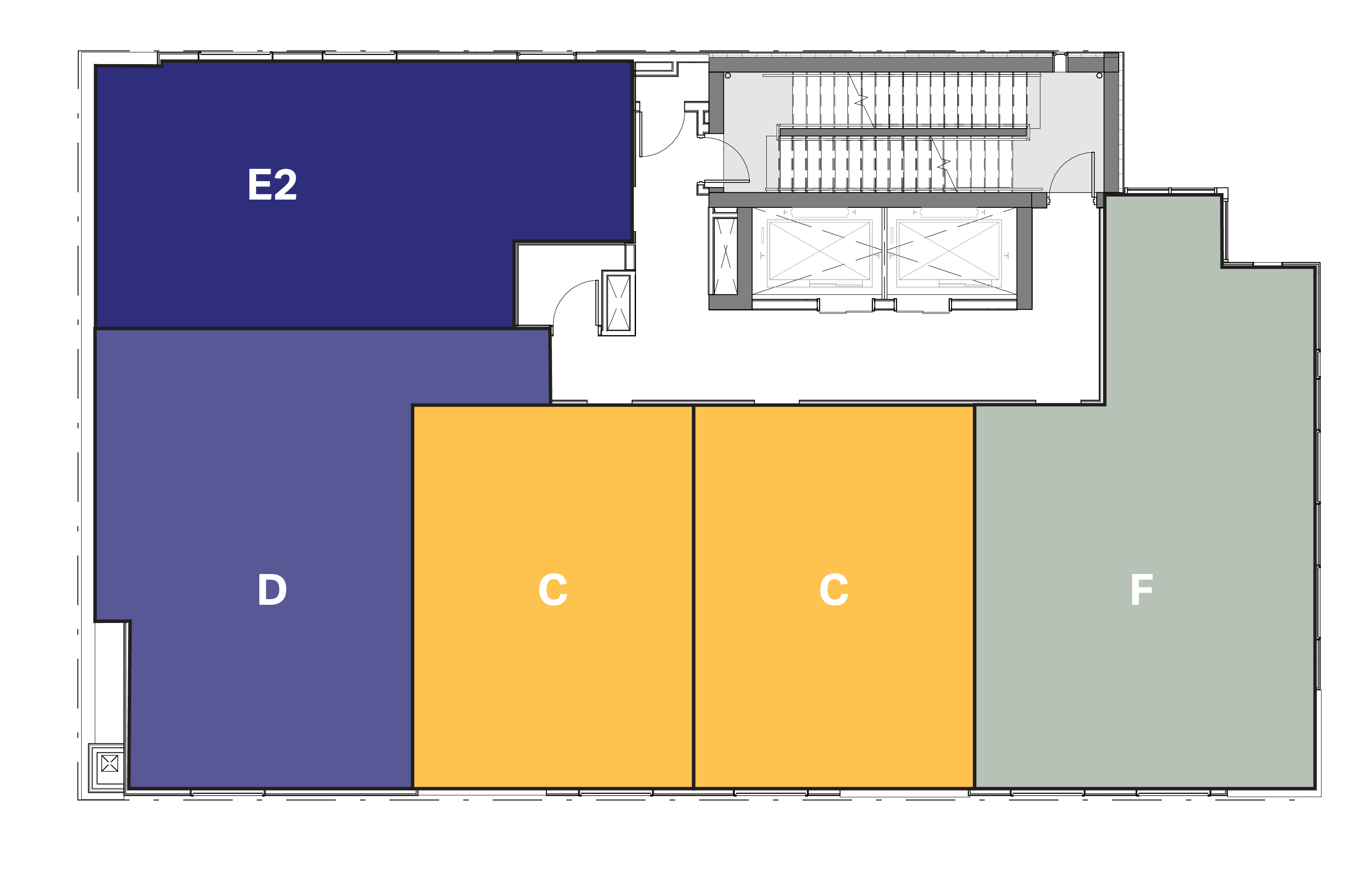 Floor plan with color-coded zones labeled E2 in dark blue, D in medium blue, two adjacent C zones in yellow, and F in light gray, plus an area with two elevators and doors.