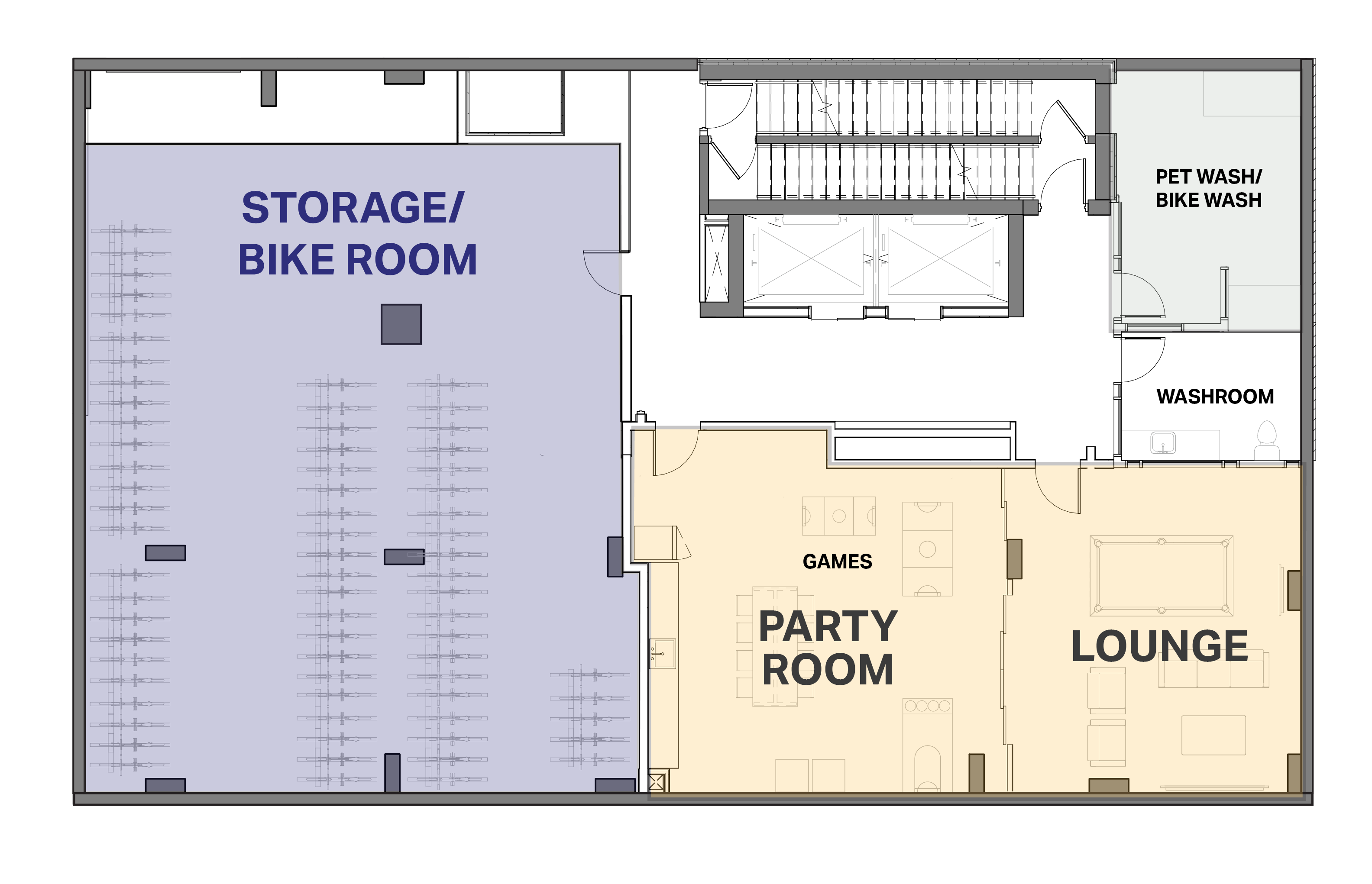 Floor plan showing a storage/bike room, party room with games, lounge area, and pet wash/bike wash station.