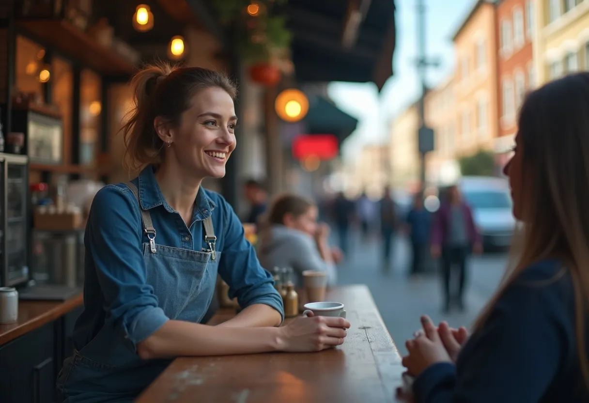 Smiling barista in denim apron holds a cup while chatting with a customer at an outdoor cafe counter.