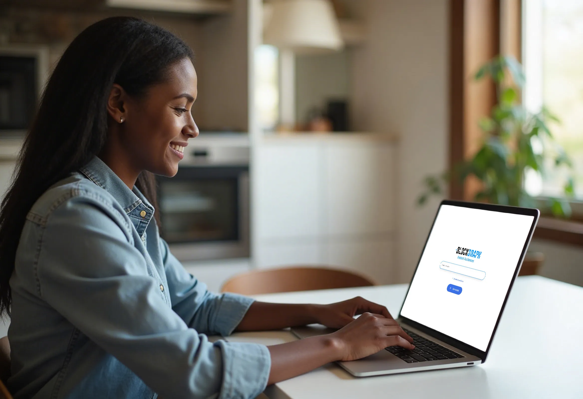 Smiling woman in denim shirt using a laptop at a white table in a bright room.