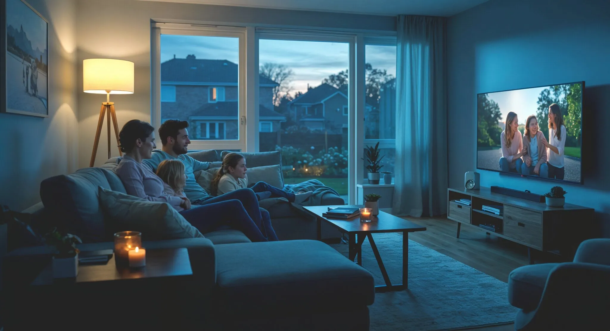 Family of four sitting on a couch watching TV at dusk in a cozy living room with warm lighting and candles.