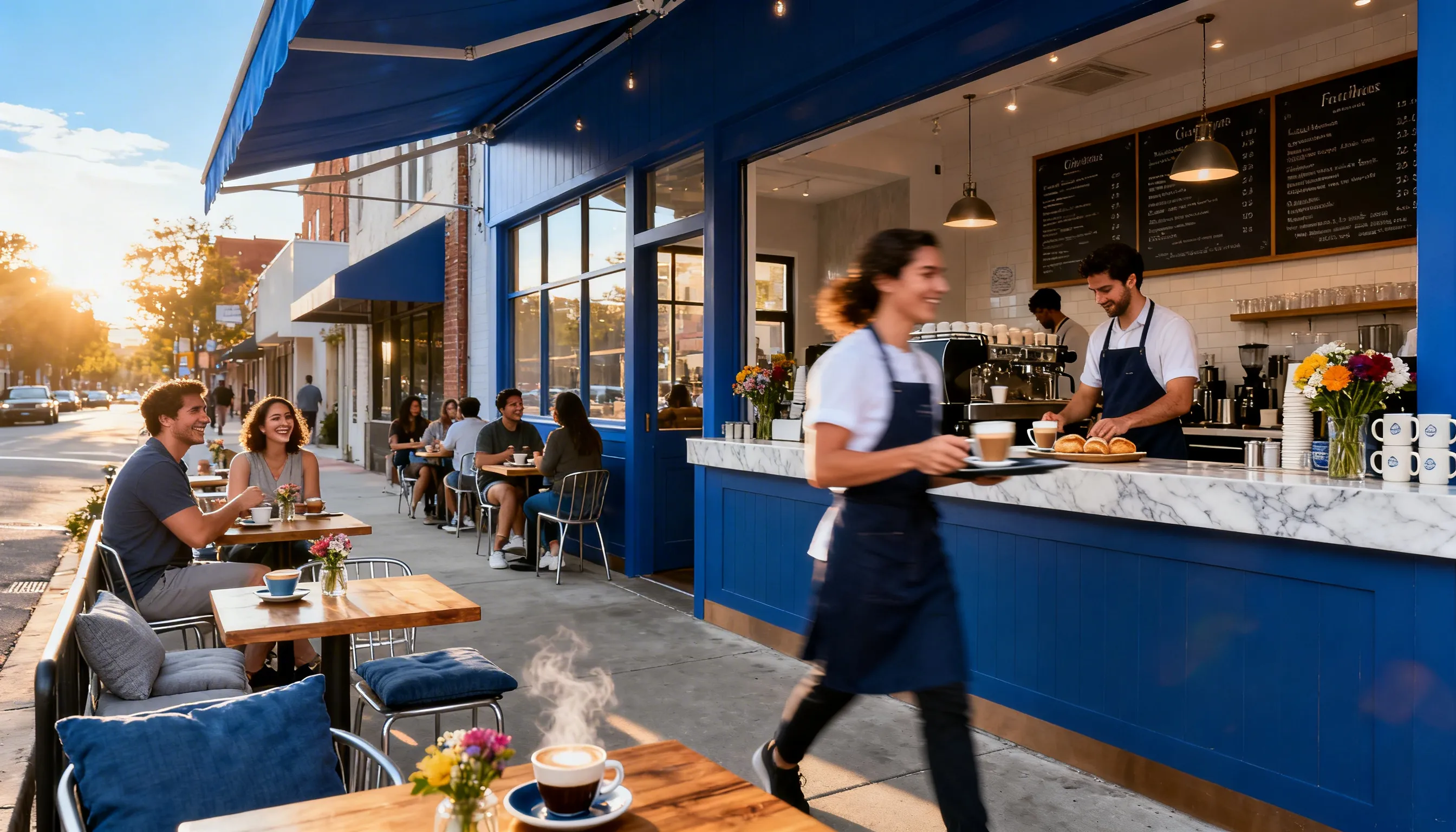 Outdoor café with customers sitting at tables enjoying coffee while a barista carries drinks and another prepares food behind a marble counter.