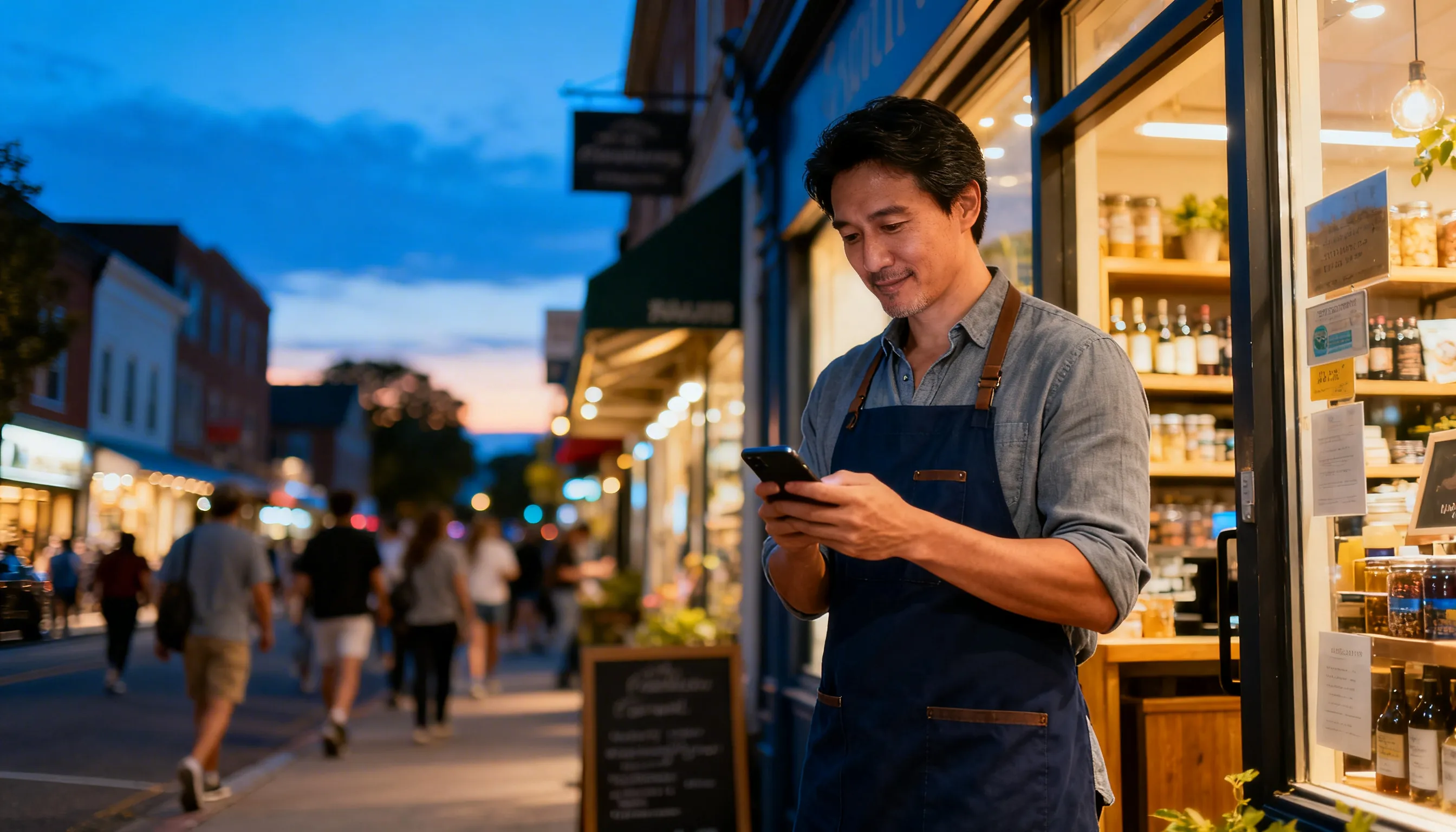 Shop owner wearing an apron standing outside a store at dusk, looking at a smartphone.