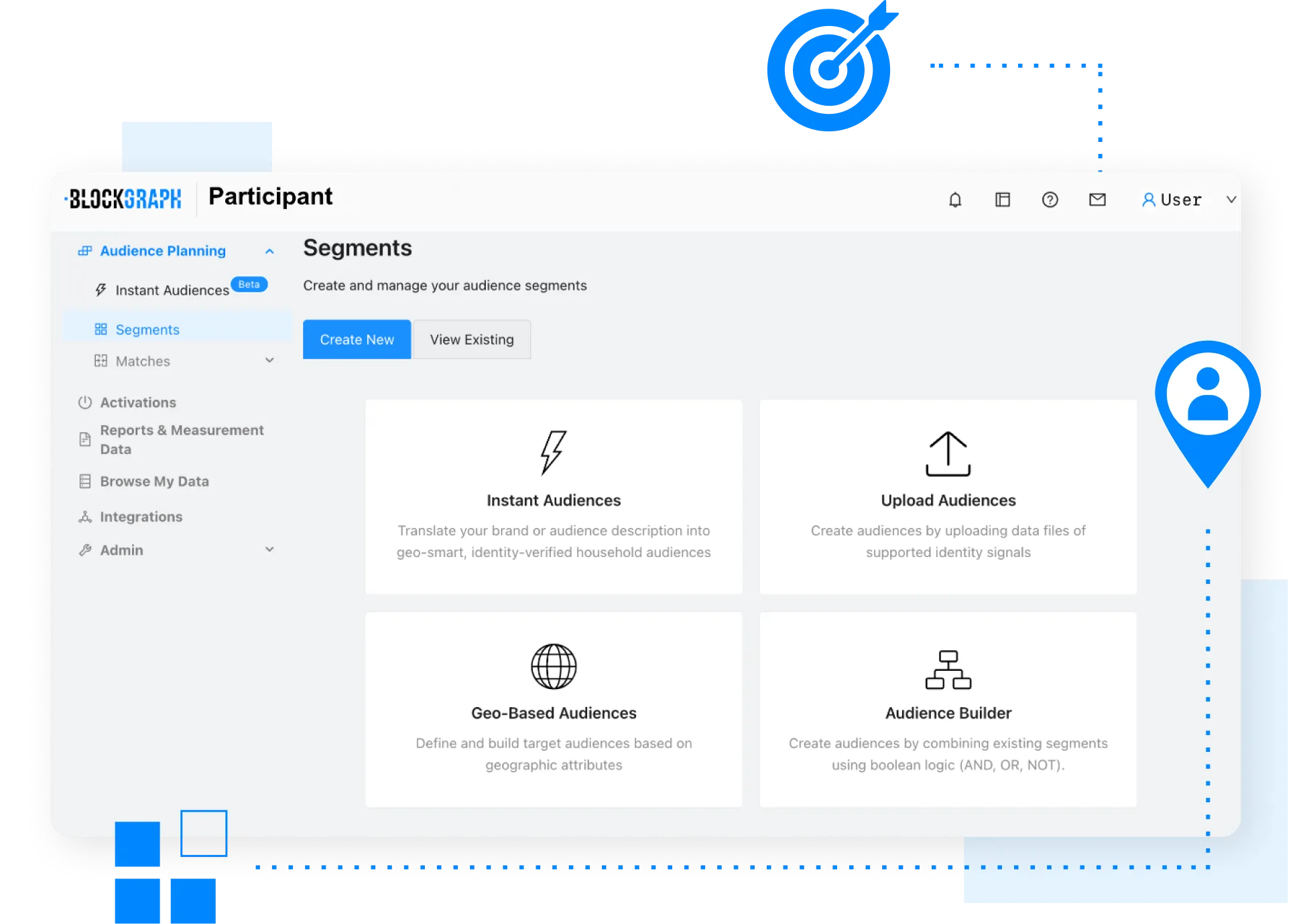 User interface screen for audience segmentation showing options: Instant Audiences, Upload Audiences, Geo-Based Audiences, and Audience Builder with a sidebar menu for navigation.
