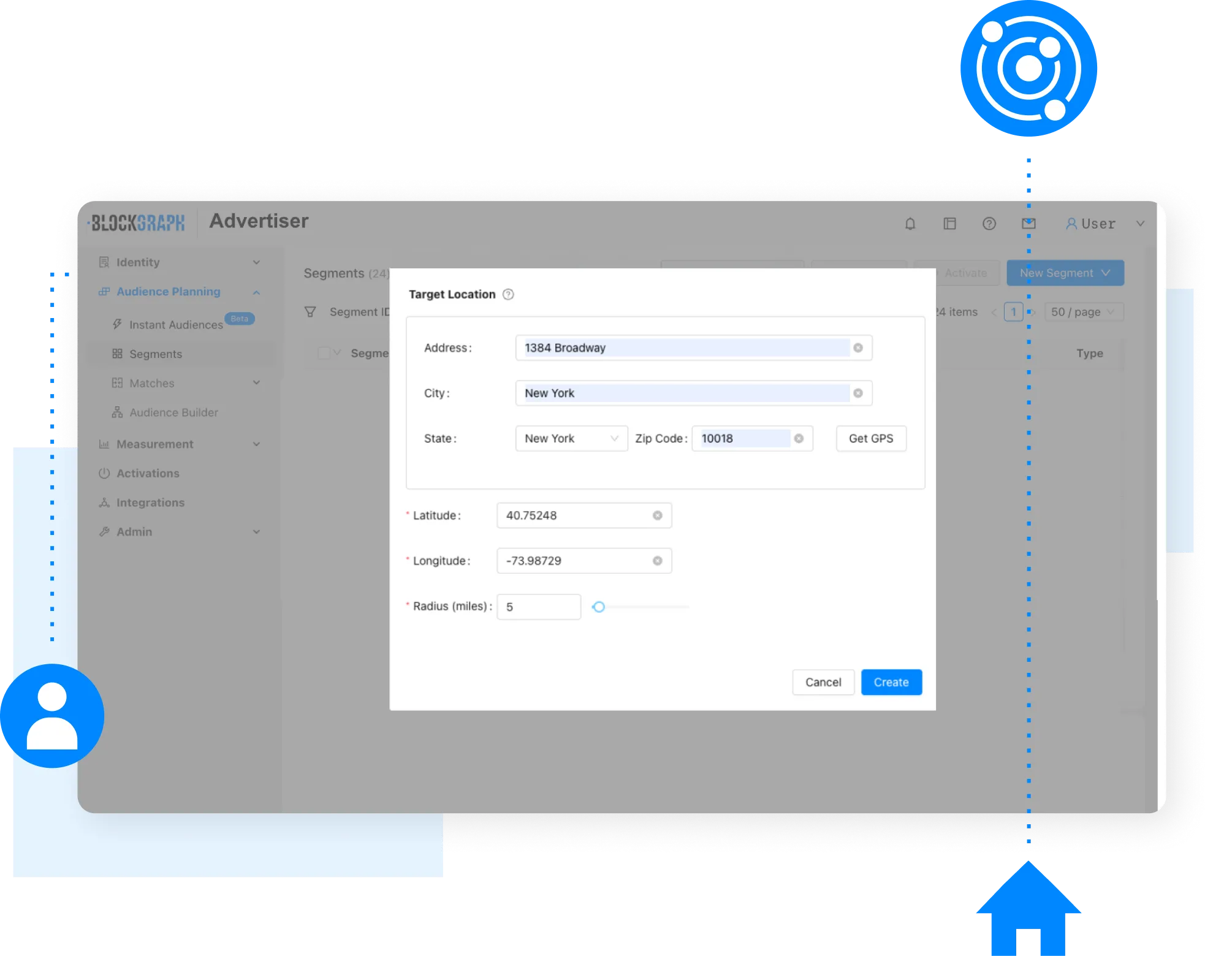 User interface screen showing target location settings with address 1384 Broadway, New York, NY, zip code 10018, latitude 40.75248, longitude -73.98729, and a 5-mile radius input.