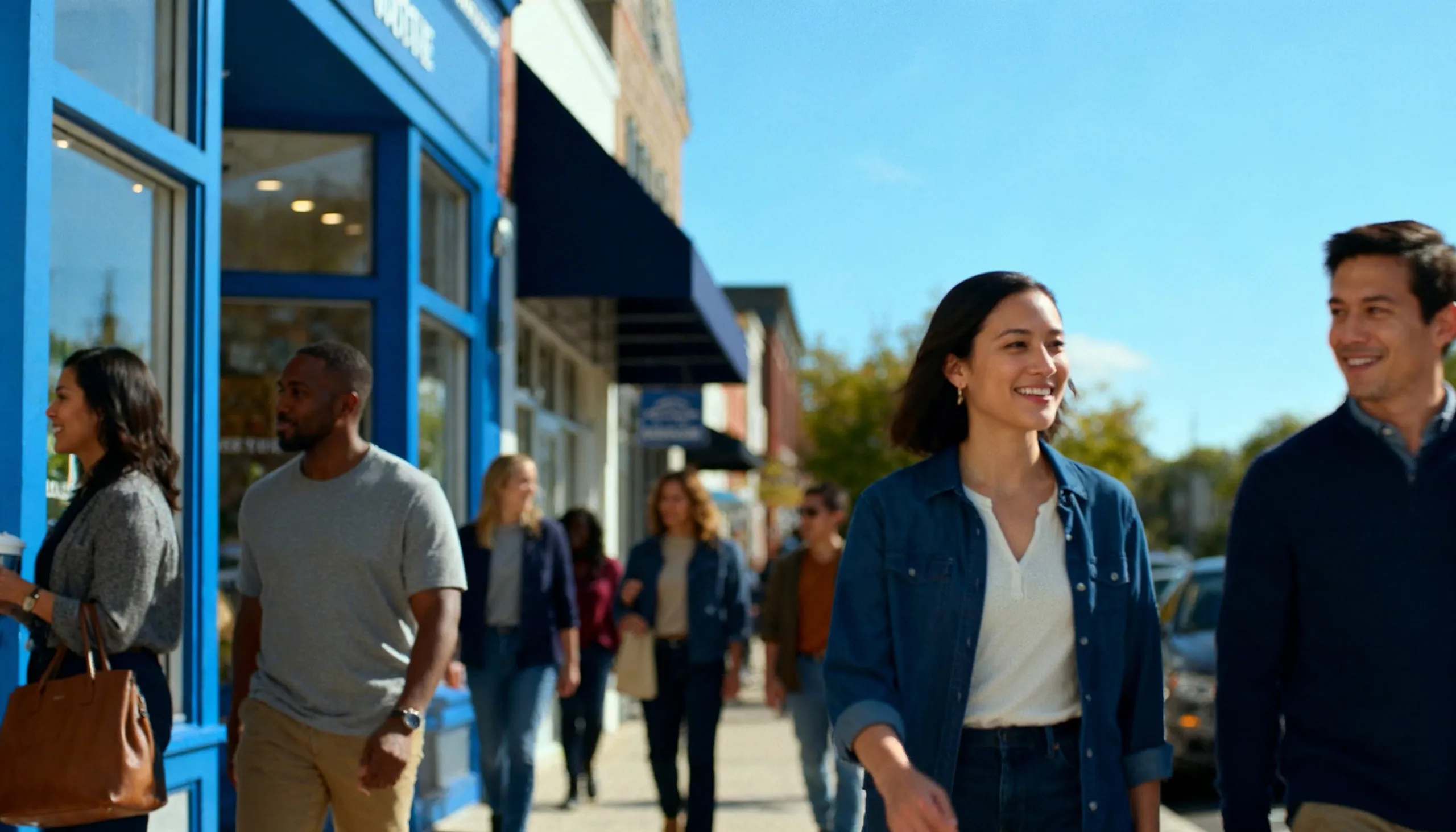 Several diverse people walking and smiling on a sunny sidewalk in a lively town or shopping district.
