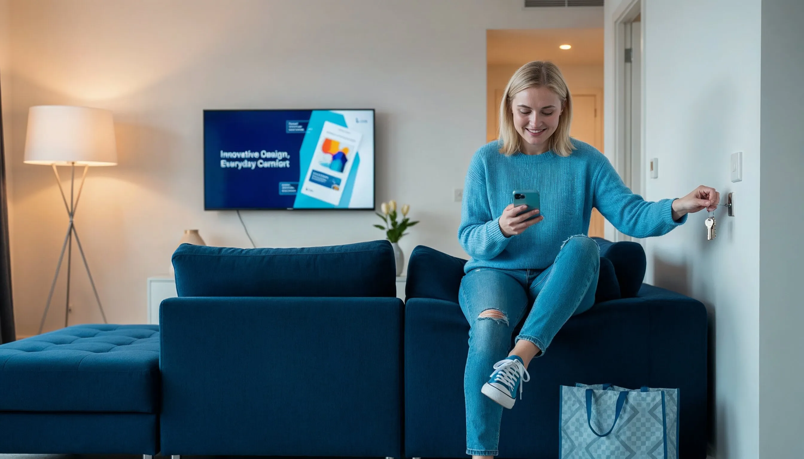 Smiling woman sitting on a blue sofa, holding a smartphone and turning a key in the wall lock in a modern living room.