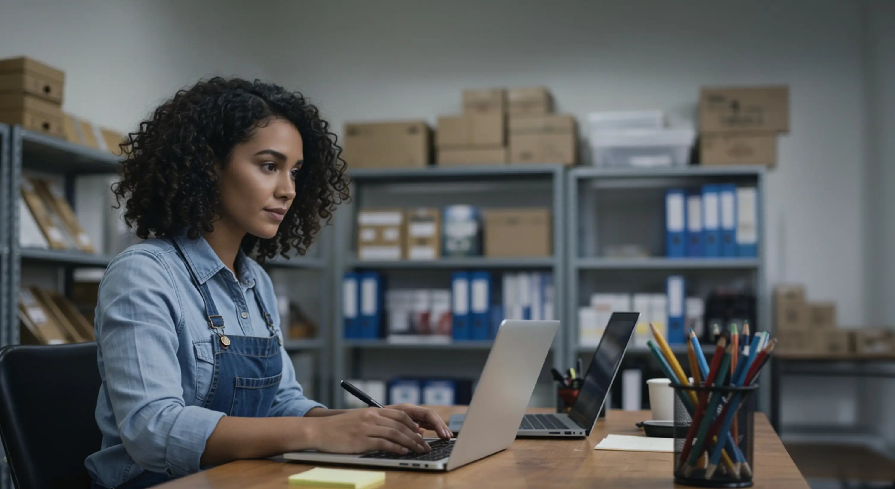 Woman with curly hair in denim shirt and overalls working on a laptop at a desk with pencils and office shelves in the background.