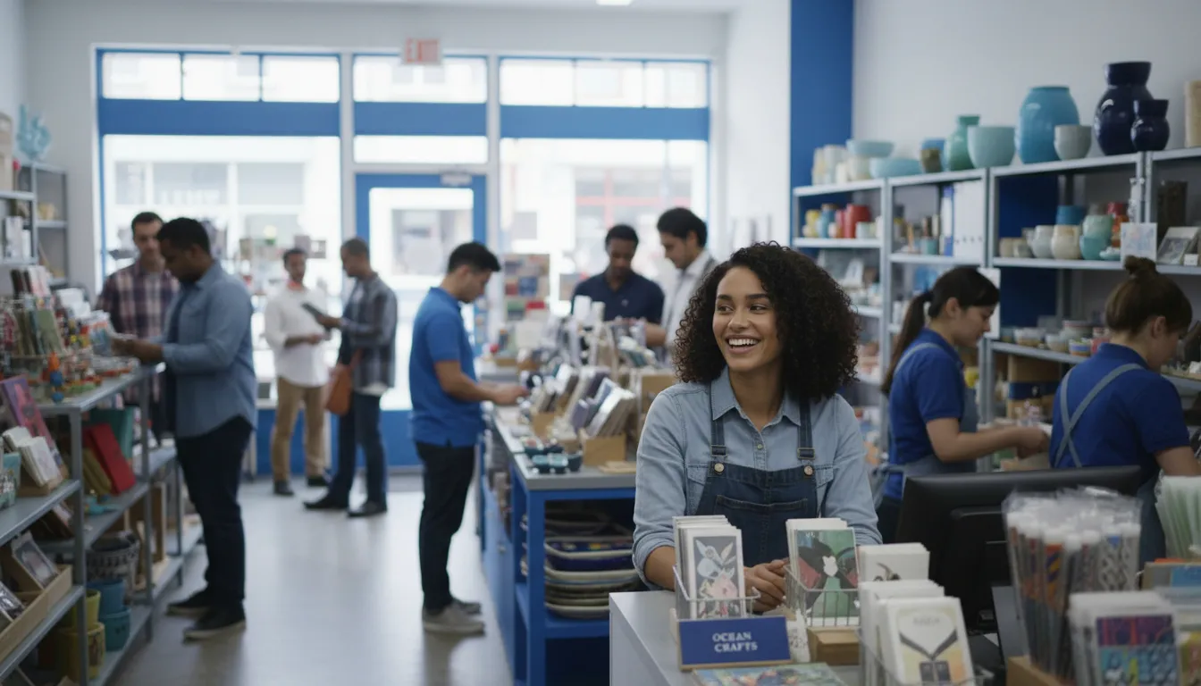 Smiling female store employee at checkout counter in a busy retail shop with customers browsing shelves and other staff working.