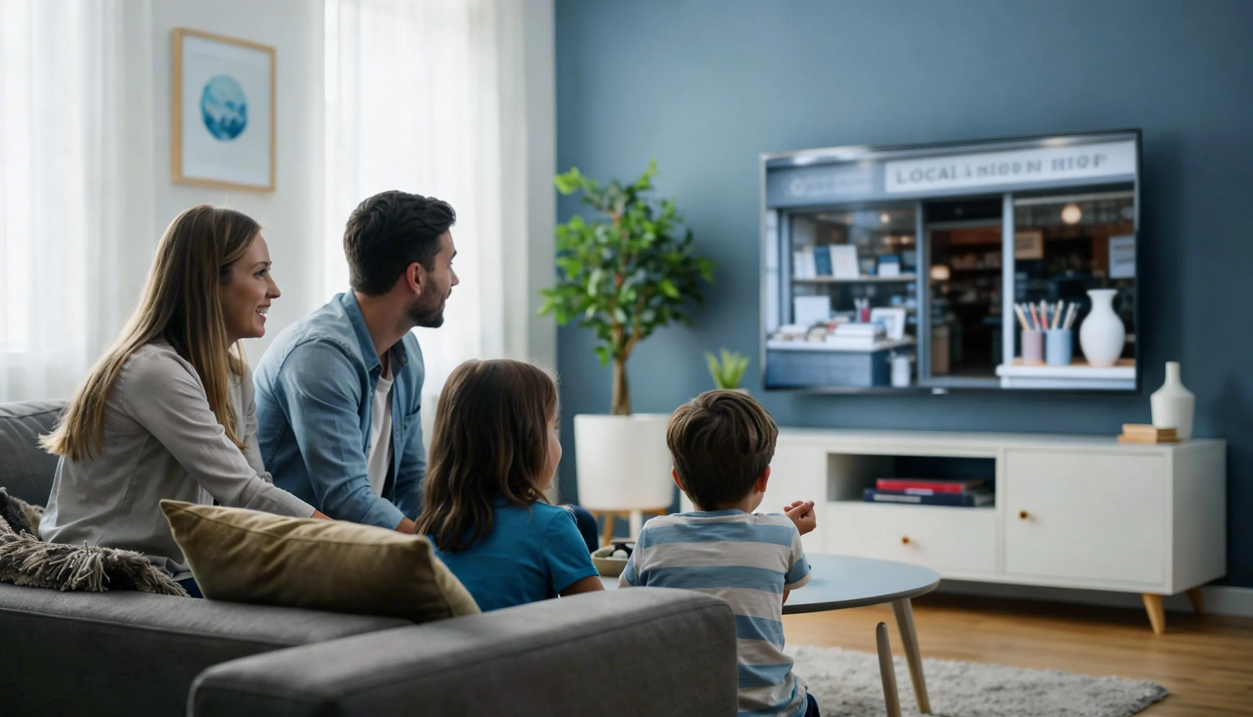 Family of two adults and two children sitting on a couch watching television in a cozy living room.