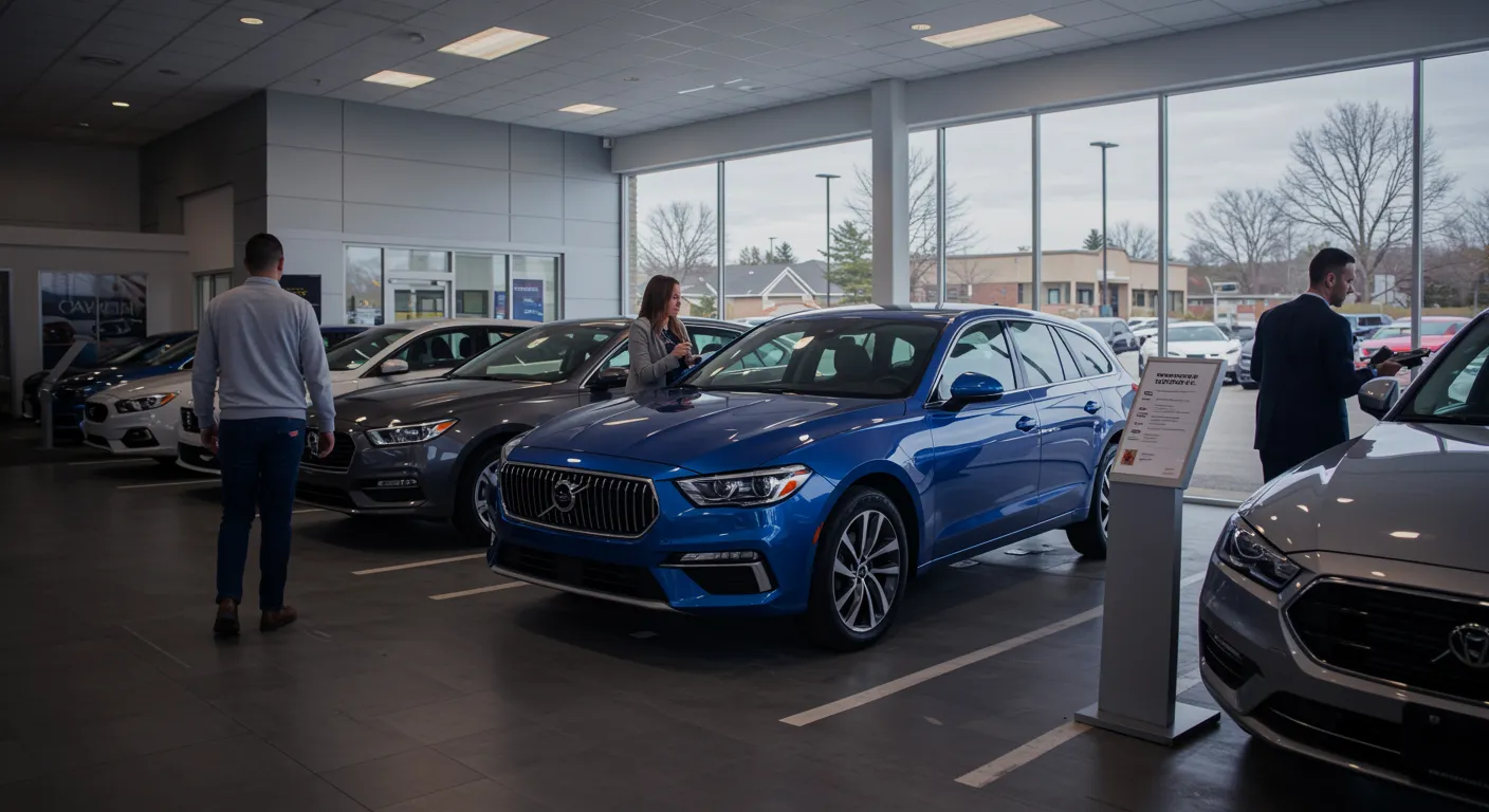 Car dealership showroom with several cars displayed and three people examining the vehicles.