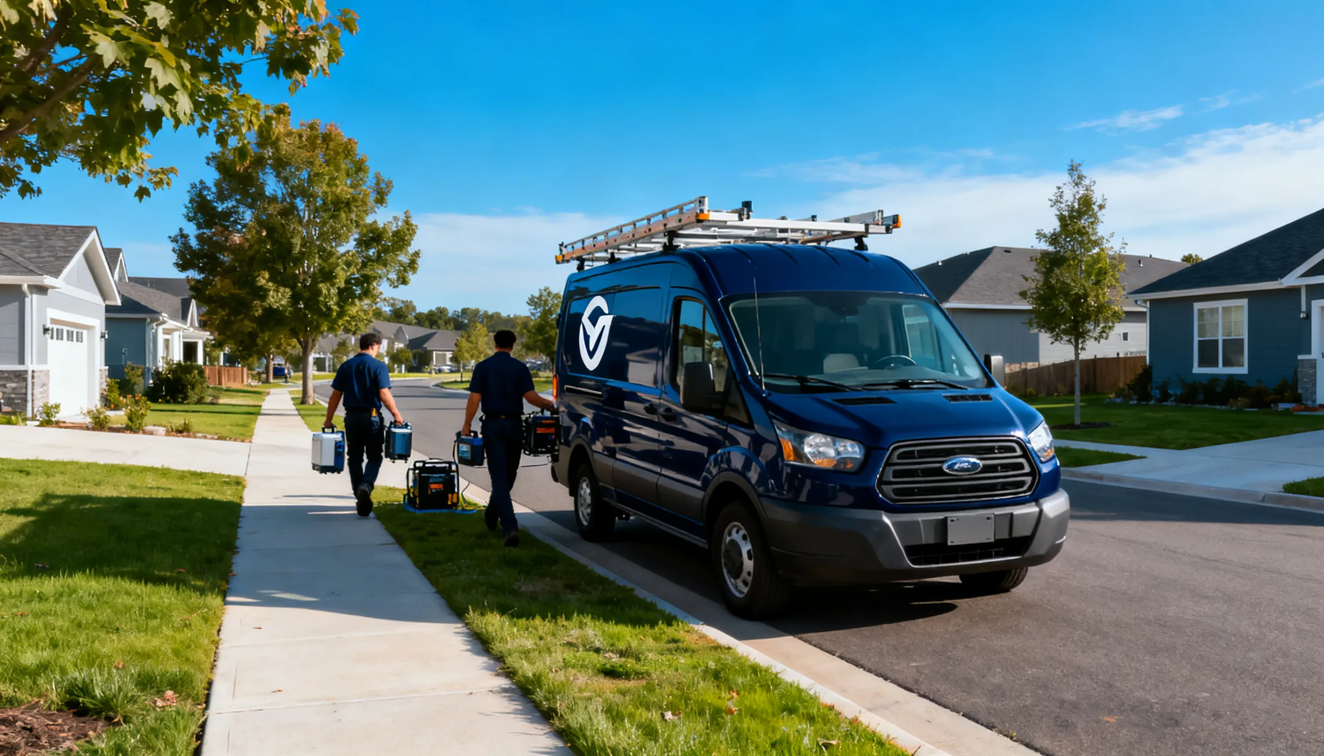 Two workers carrying equipment walking on a sidewalk beside a dark blue service van parked on a suburban street.