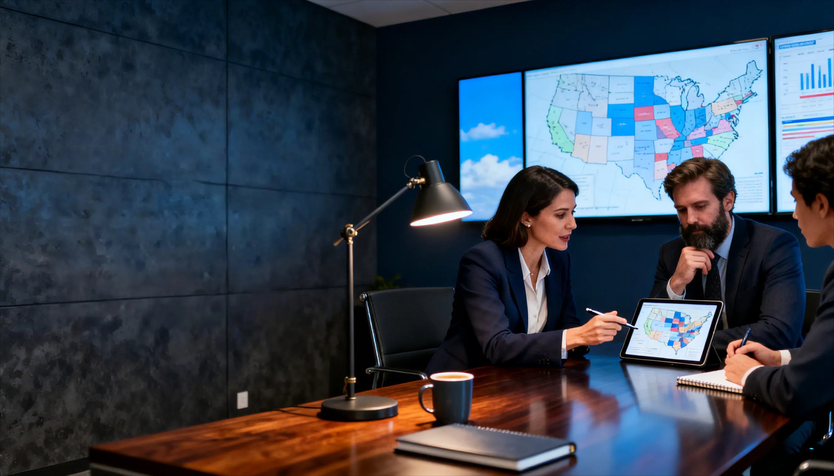 Three business professionals discussing a color-coded map of the United States during a meeting.