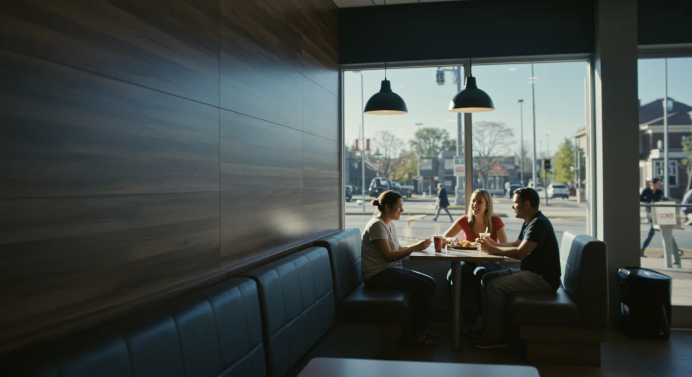 Three people sitting and talking around a table in a modern restaurant booth near a large window with sunlight coming in.