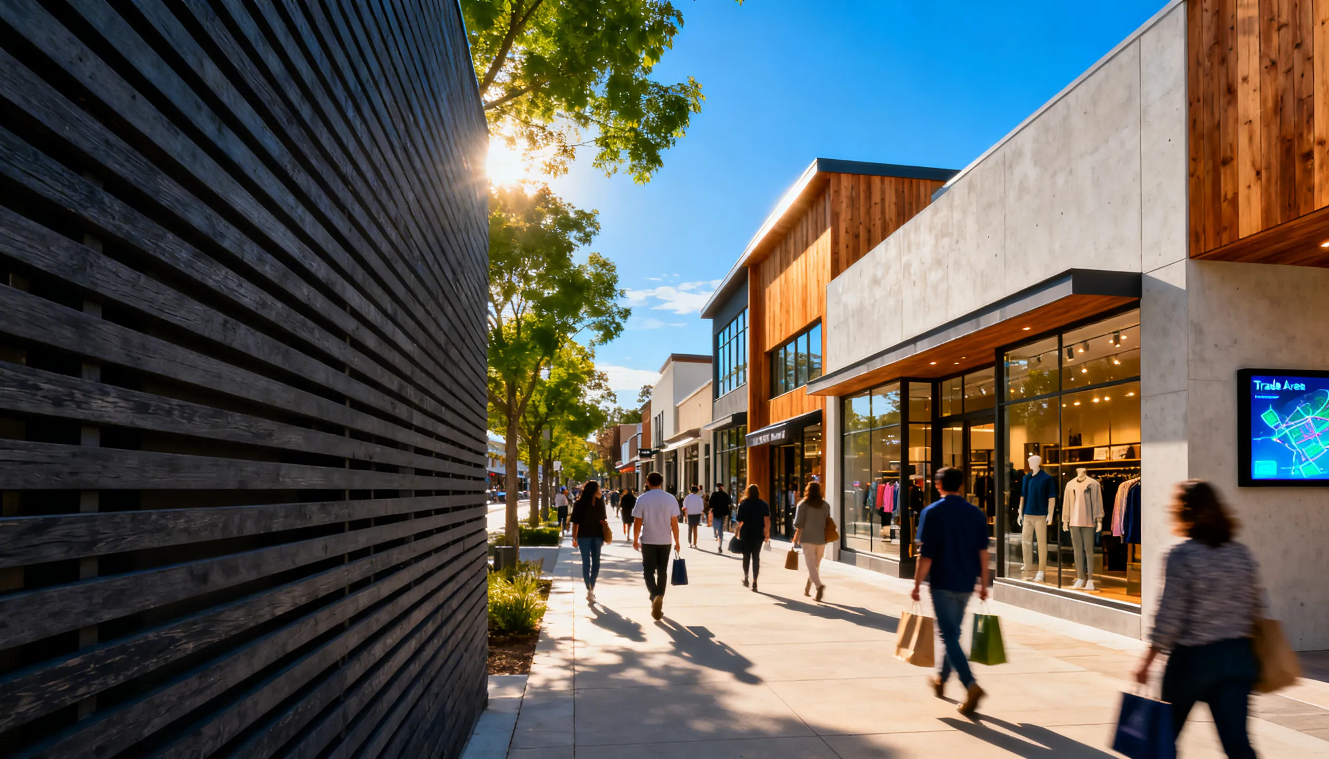People walking along a sunny outdoor shopping street with modern stores and large windows displaying clothing.