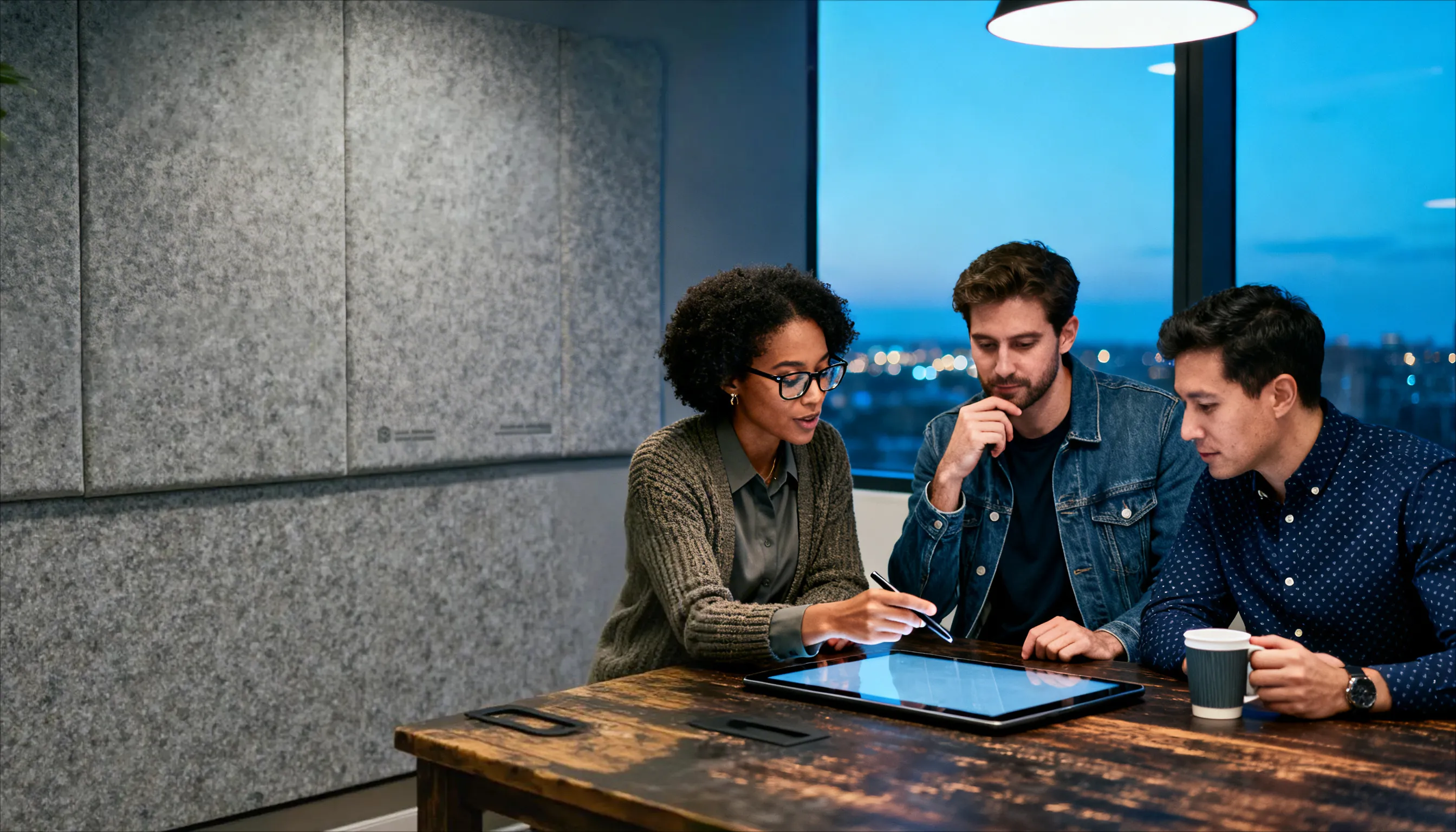 Three colleagues collaborating around a table, using a large touchscreen tablet in a modern office.