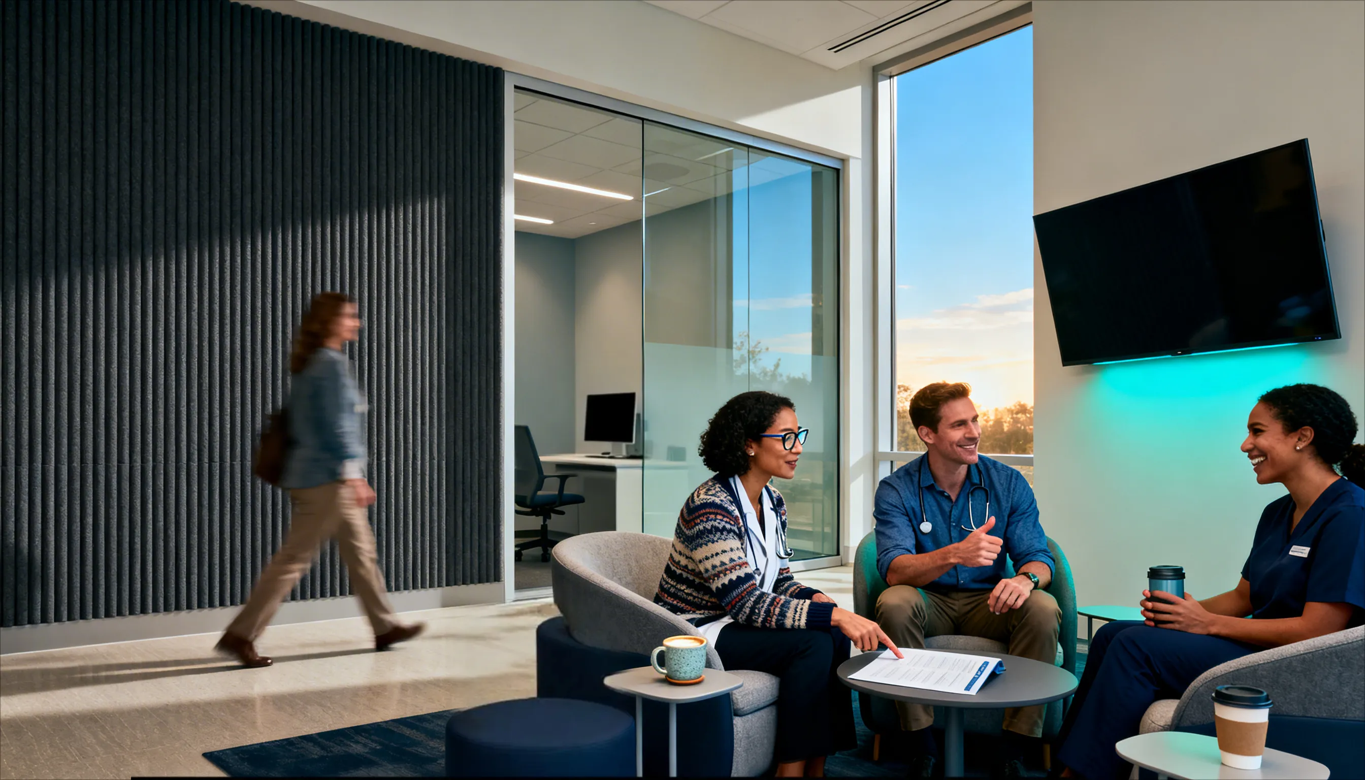 Three healthcare professionals sitting in a modern office lounge having a discussion, one giving a thumbs-up, with a fourth person walking past.