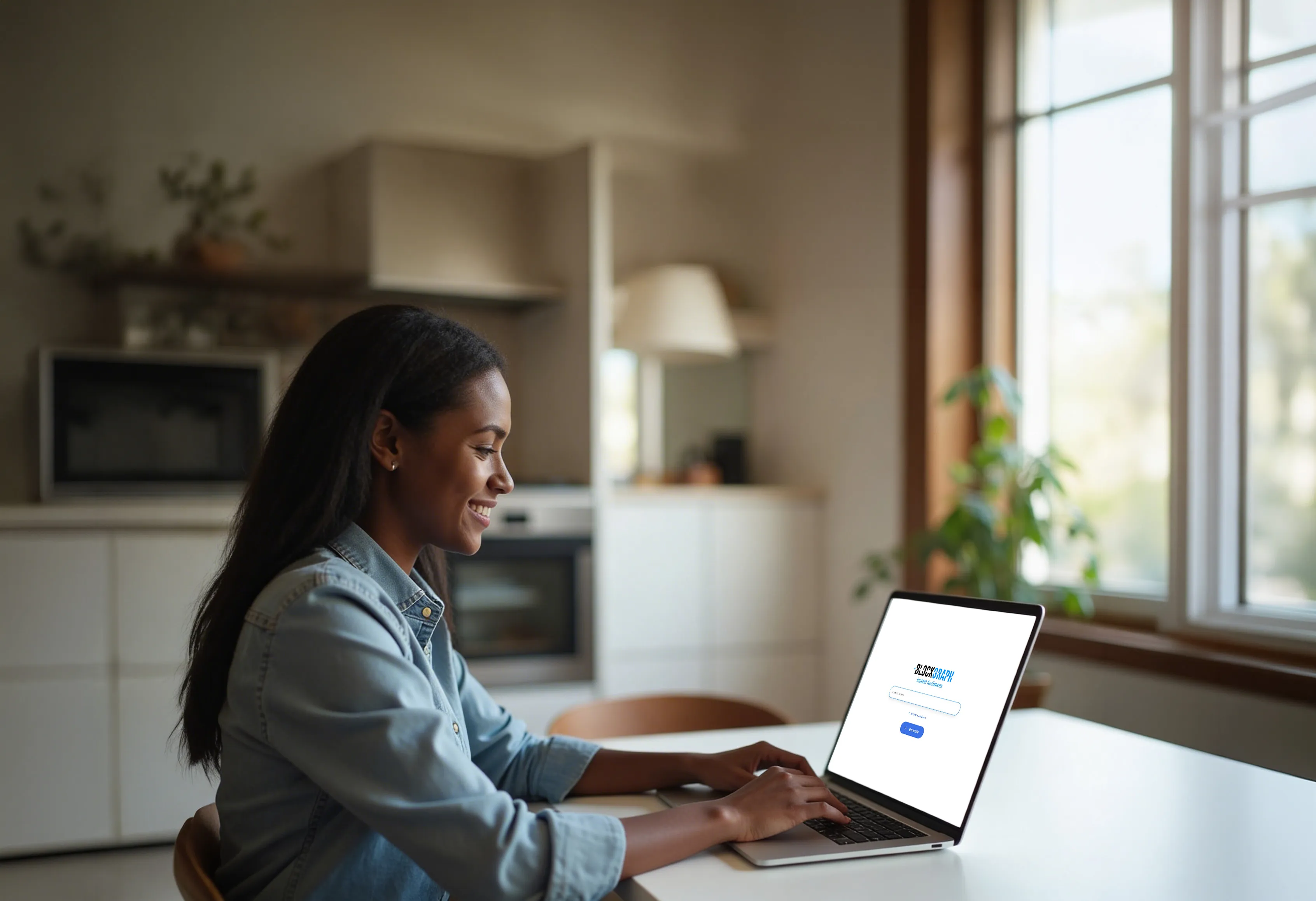 Smiling woman using a laptop at a white table in a bright kitchen with large windows and plants.