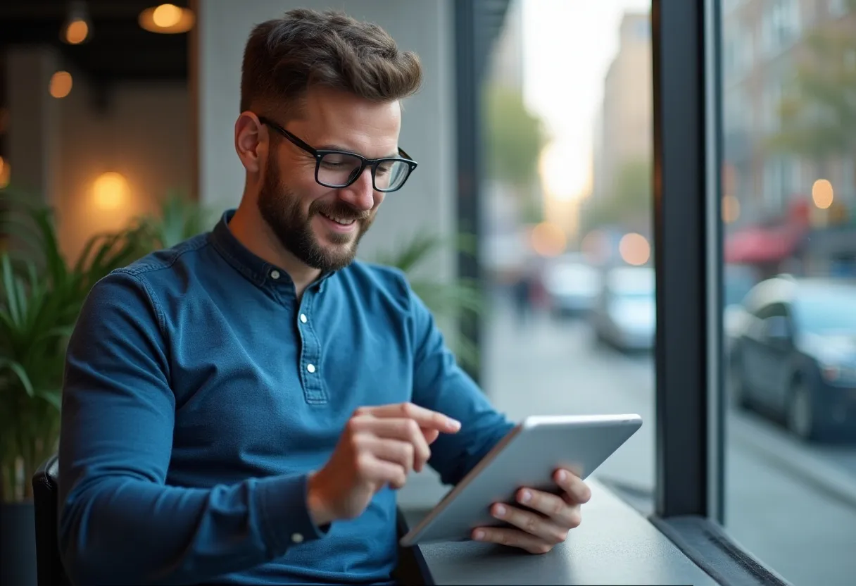 Smiling man with glasses using a tablet while sitting by a large window overlooking a city street.